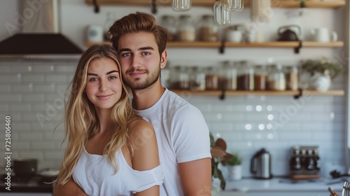 A young couple stands hugging on a  modern kitchen.