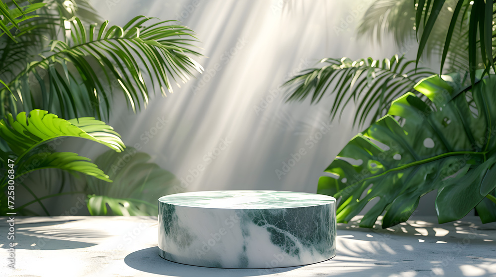 3d render of marble podium with tropical palm leaves in the background 3d render of marble podium with tropical palm leaves in the background