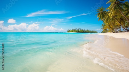 White sandy beaches, crystal-clear turquoise water, and palm trees gently swaying in the breeze