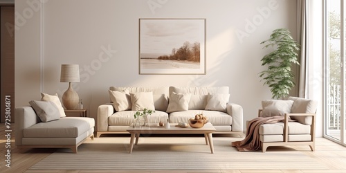 Scandinavian style living room with a beige sofa © Lasvu