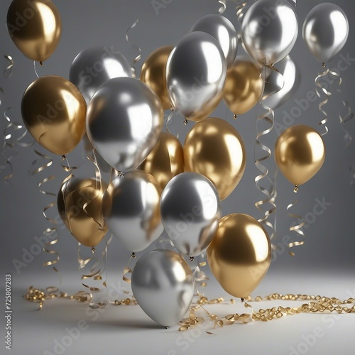 Balões prateados e Dourados voando em um quarto isolado