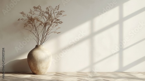 A beautiful stone minimalist vase with dried plants stands on a light wooden ...