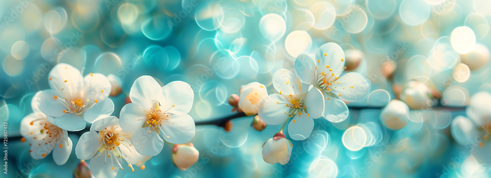 White cherry blossoms with soft bokeh on a blue background. Spring bloom nature concept. Design for wedding invitation, greeting card. Spring event banne with copy space. - obrazy, fototapety, plakaty 