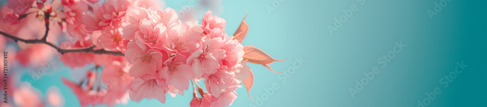 Pink cherry blossoms with soft bokeh on a blue background. Spring bloom nature concept. Design for wedding invitation, greeting card. Spring event banne with copy space. - obrazy, fototapety, plakaty 