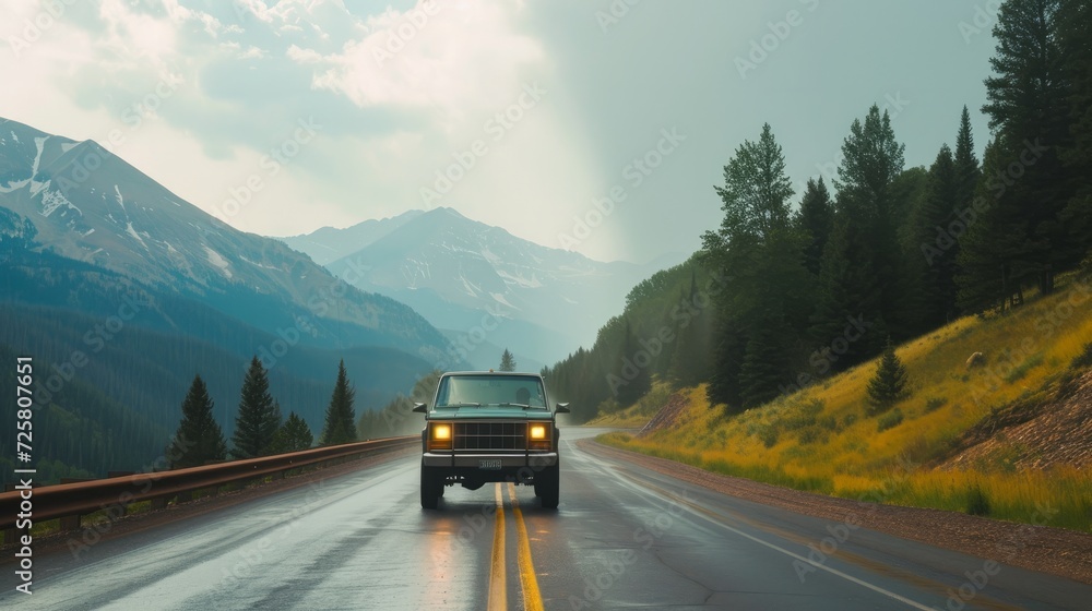 Pickup truck running on the beautiful road along the mountains and forest. Front side view of a pickup truck with a snorkel on a highway road and majestic nature in the background - obrazy, fototapety, plakaty 