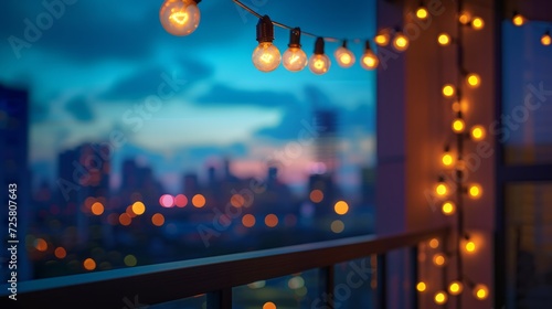 A garland of light bulbs hangs on a beautiful modern terrace.