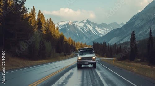 Pickup truck running on the beautiful road along the mountains and forest. Front side view of a pickup truck with a snorkel on a highway road and majestic nature in the background © Orxan
