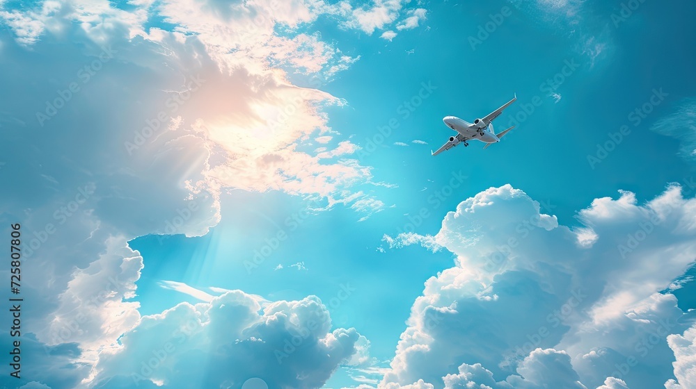 Fly high! An airplane soaring in the blue sky amidst beautiful clouds, capturing the essence of aviation and travel, creating an ideal image for wanderlust and adventure.