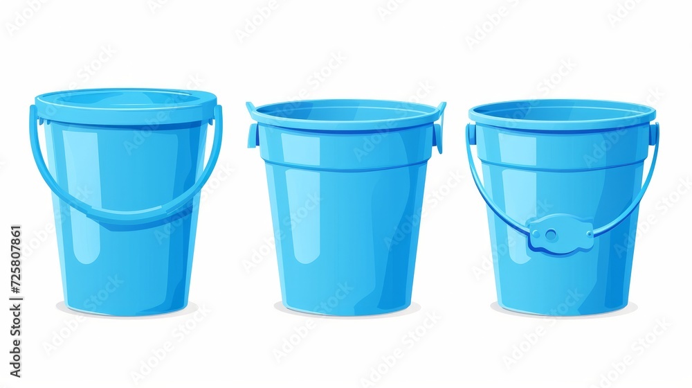 Plastic blue bucket with water for household cleaning and home washing. Plastic bucket, pail and container with handle, household equipment. Isolated vector cartoon illustration Plastic blue bucket with water for household cleaning and home washing. Plastic bucket, pail and container with handle, household equipment. Isolated vector cartoon illustration