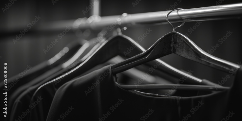 Black and white photo of clothes hanging on a rail. Suitable for fashion, retail, or laundry-related themes Black and white photo of clothes hanging on a rail. Suitable for fashion, retail, or laundry-related themes
