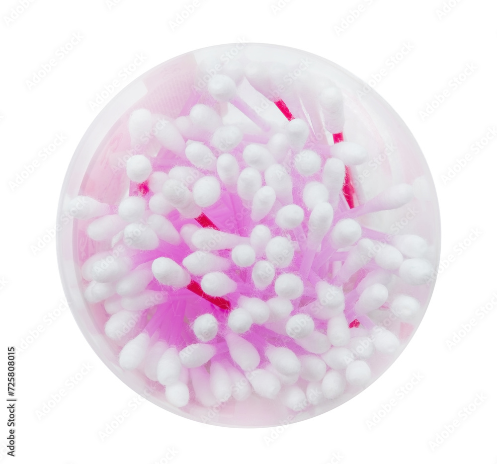 Ear cotton swabs in a box on a white background. View from above. Ear care. Cotton swab Ear cotton swabs in a box on a white background. View from above. Ear care. Cotton swab