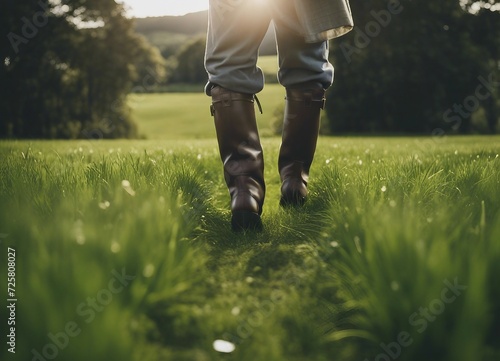 Fazendeiro Andando em sua fazenda com botas de couro
