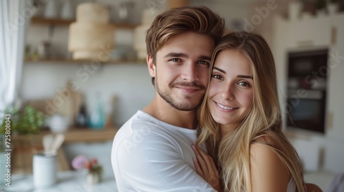 A young couple stands hugging on a  modern kitchen.