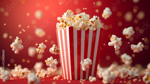 Popcorn bucket, realistic pop corn container of vector cinema or movie theater snack food. 3d box, bag or cup packaging of white and red striped paper with popped kernels of corn and maize