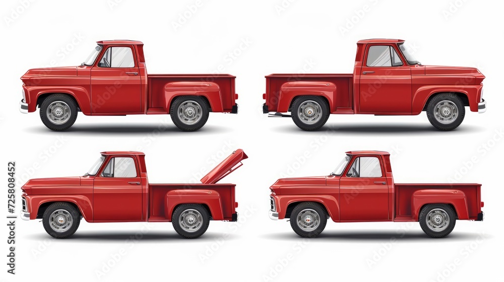Retro car vector mockup on white background. Isolated red pickup truck view from side, front, back, top. All elements in the groups on separate layers for easy editing and recolor Retro car vector mockup on white background. Isolated red pickup truck view from side, front, back, top. All elements in the groups on separate layers for easy editing and recolor