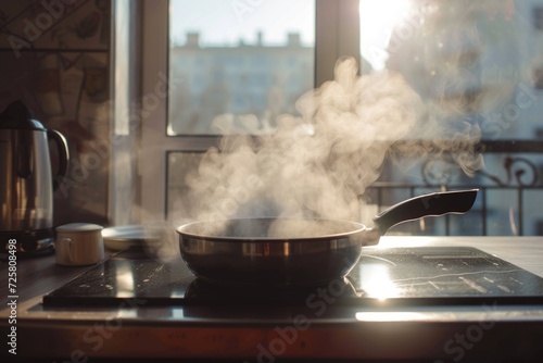 A frying pan on a stove with steam rising out of it. Ideal for cooking and kitchen-related concepts