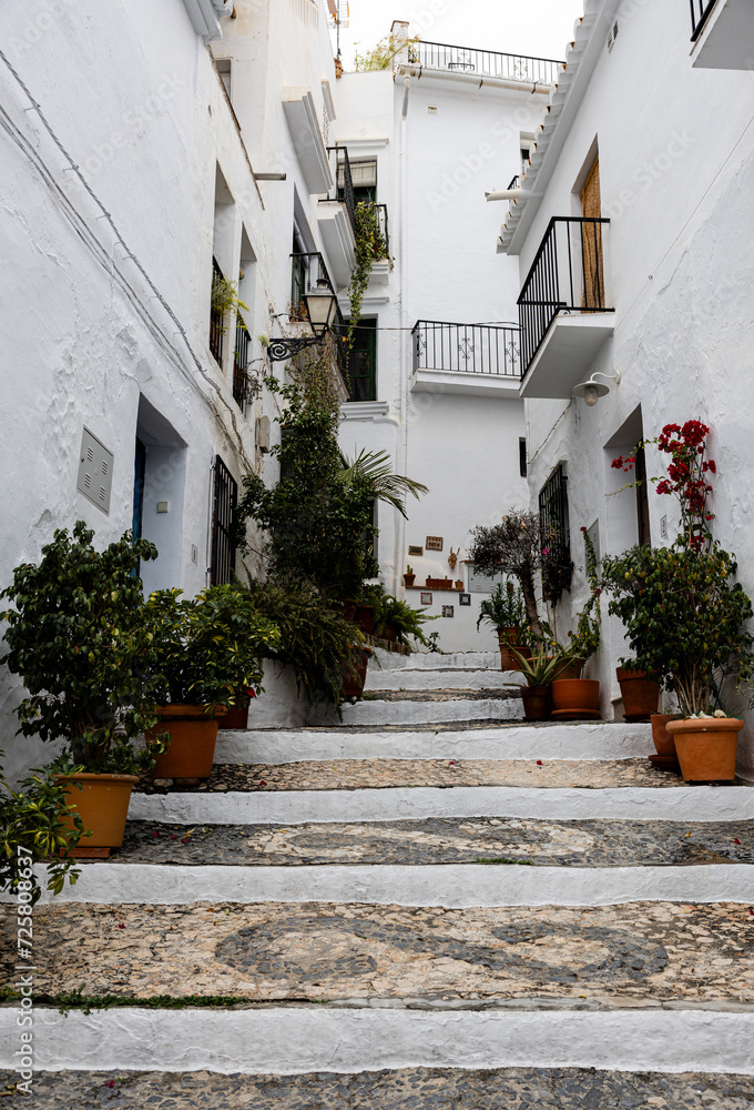 Charming street of Frigiliana, Spain, with whitewashed steps, vertical photo.