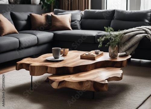 Interior de sala de estar com uma mesa de madeira rústica com os pés de metal © Guy