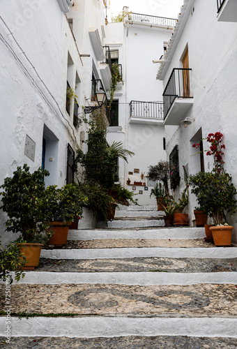 Charming street of Frigiliana  Spain  with whitewashed steps  vertical photo.