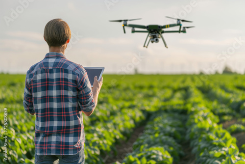 A drone agriculture scene where a farmer uses a tablet to control drones surveying crops, highlighting precision farming and technology use in agriculture