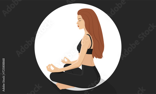 Young woman meditating in Lotus position with redhead in Faceless style.  Vector illustration.