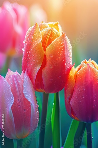 Amazing spring floral background, various tulip flowers. Close-up. Up-close and personal with a stunning tulips, revealing intricate details.