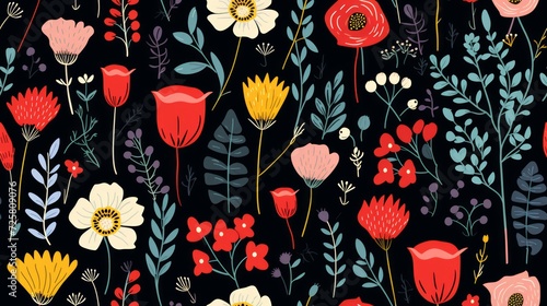 Wallpaper Mural flowers, doodle, seamless pattern, isolated on black background Torontodigital.ca