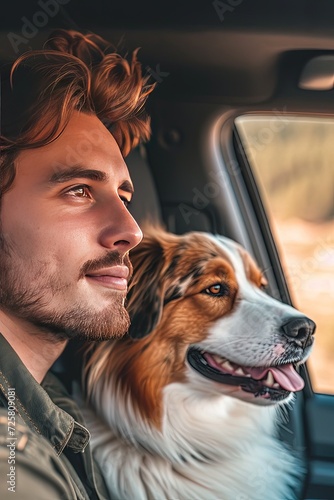  Handsome man with his dog in the car. A perfect day for a drive with my handsome buddy.