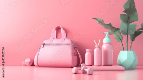 Sport equipment background for healthy lifestyle packaging presentation. Sport bag, bottle, dumbbell on pastel pink and very peri background. Trendy 3d render for fitness, lifting in the gym photo