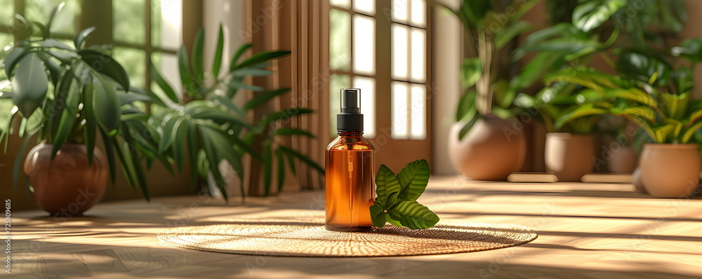 Mockup.Natural oil in a glass bottle on a wooden floor in a cozy interior. Plants in the background. Mockup.Natural oil in a glass bottle on a wooden floor in a cozy interior. Plants in the background.