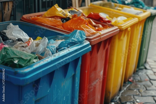 A row of colorful trash bins lined up next to each other. Suitable for illustrating waste management or recycling concepts