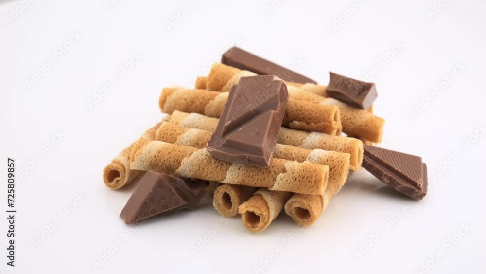 Crispy waffle tubes without filling and milk chocolate chunks. Rotation. White background. Dessert. Crispy waffle tubes without filling and milk chocolate chunks. Rotation. White background. Dessert.