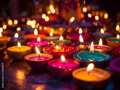 Colorful Diwali Diya lights on a table with various lit candles