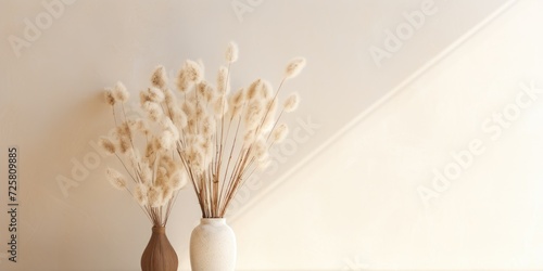 Minimal floral decor indoors with dried white flowers on beige wall, showcasing a cozy home atmosphere. photo
