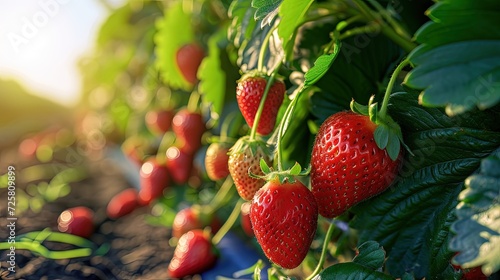 Strawberries on a strawberry plant on a strawberry plantation. Close-up. Vibrant strawberries bursting with sweetness  a delightful treat for the senses.