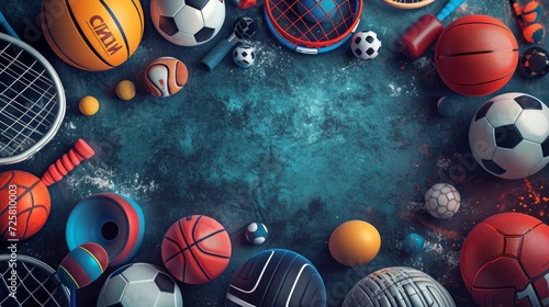 Sports equipment background. Sport concept with balls and gaming items. Balls for football, basketball, volleyball, rugby, soccer, tennis, golf. Athletic icons. Fitness equipment in round composition photo