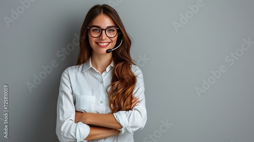 A young friendly operator woman agent with headsets standing near a gray background, conveying a sense of customer service and support with crossed arms photo