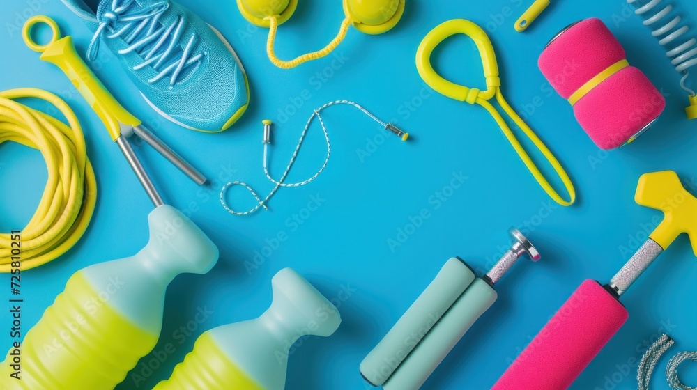 still life of group sports equipment for women and cardiogram of jump rope, on blue background. Fitness and healthy living, wellness concept - obrazy, fototapety, plakaty 