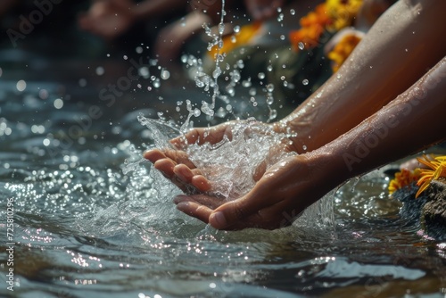 A picture showing a person holding their hands out in the water. Can be used to depict relaxation  mindfulness  or the beauty of nature