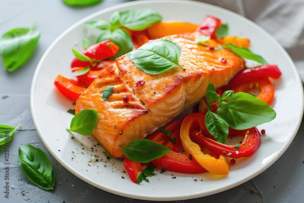 Healthy meal with salmon vegetables and basil on white plate captured from above Healthy meal with salmon vegetables and basil on white plate captured from above