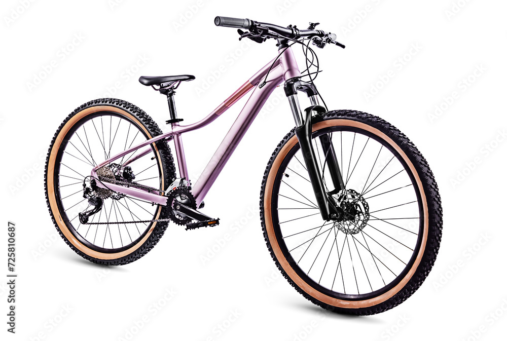 Bicycle isolated on white background, modern mountain trail bike in pink rose color