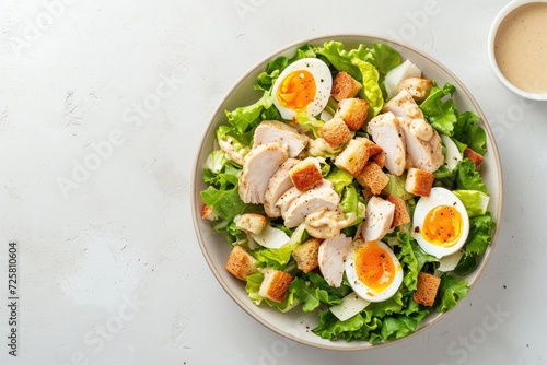 Healthy Caesar salad with chicken boiled eggs croutons and dressing in a ceramic bowl Perfect for lunch snack or appetizer