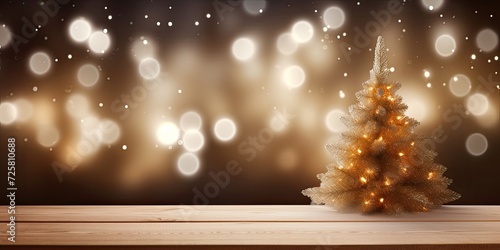 Winter or Christmas tree backdrop with empty wooden table and blurred lights. Template for showcasing products.