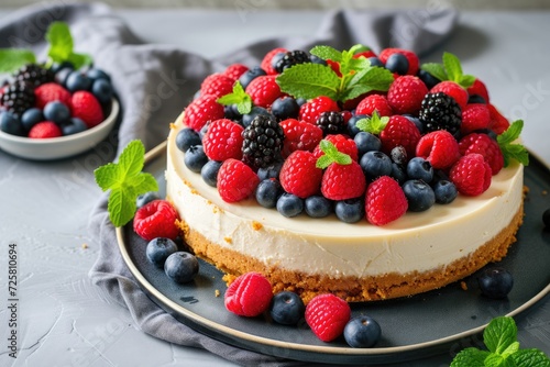 Healthy organic cheesecake with fresh berries and mint