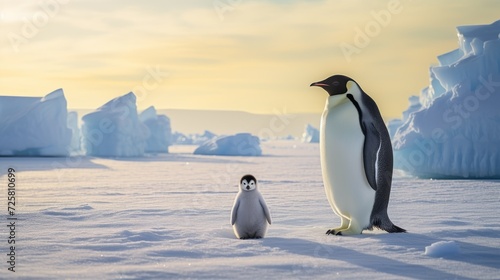 The Emperor penguin and his baby walk in the snow in Antarctica.