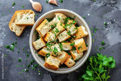 Herb garlic and cheese croutons made from white bread or baguette Served with salad or soup Top view