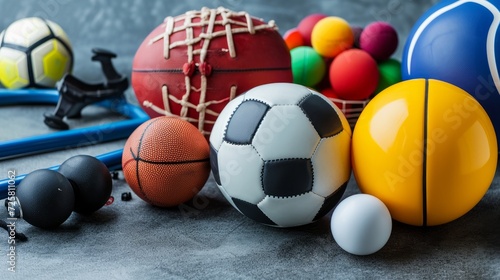 Variety Of Sport Balls And Equipment In Front Of Gray Surface