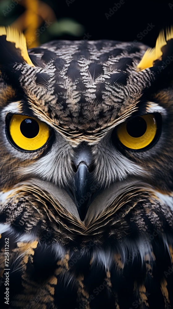 Close-up portrait of an owl with yellow eyes looking at the camera in nature. Close-up portrait of an owl with yellow eyes looking at the camera in nature.
