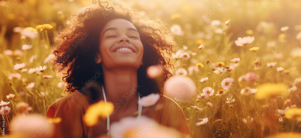 Smiling young woman on the spring meadow enjoy blooming flowers. Healthy happy woman on spring lawn. Outdoors. Enjoy Nature. Allergy free concept. Smiling young woman on the spring meadow enjoy blooming flowers. Healthy happy woman on spring lawn. Outdoors. Enjoy Nature. Allergy free concept.