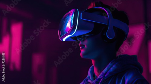 A model young man with a beard in glasses of virtual reality on a dark background, showcasing the concept of augmented reality, science, and future technology with neon light